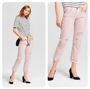 Pink mid-rise destroyed boyfriend cropped jeans
